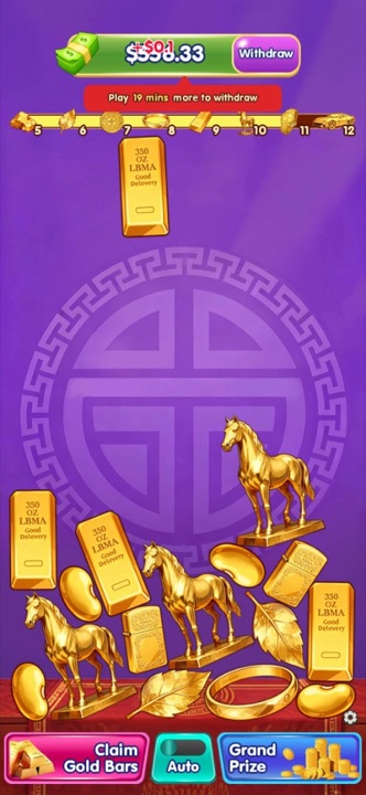 Shiny Merge brilliant win screen with golden treasures