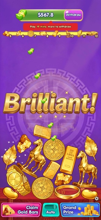 Shiny Merge board filled with golden prize icons