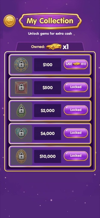 My Collection screen unlocking gems for cash rewards