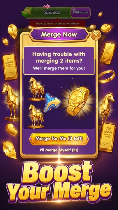Boost Your Merge popup with gold bars and statues