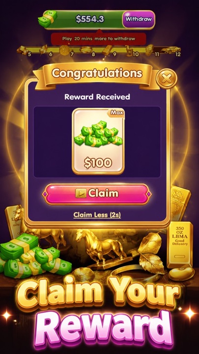 Congratulations reward claim screen with cash prize